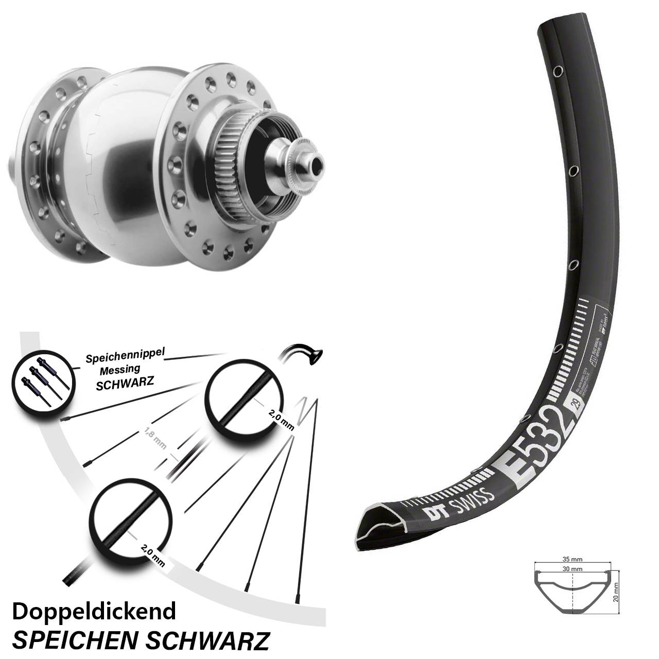 Nabendynamovorderrad Centerlock QR 29 Zoll DT Swiss E 532 SON 28 silbern