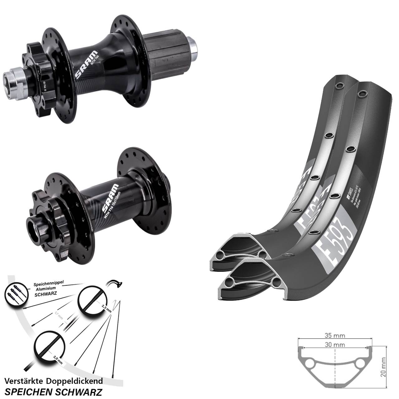 DT Swiss E593 Sram 716 746 29 Zoll 6-Loch Laufradsatz Boost 8-11 fach