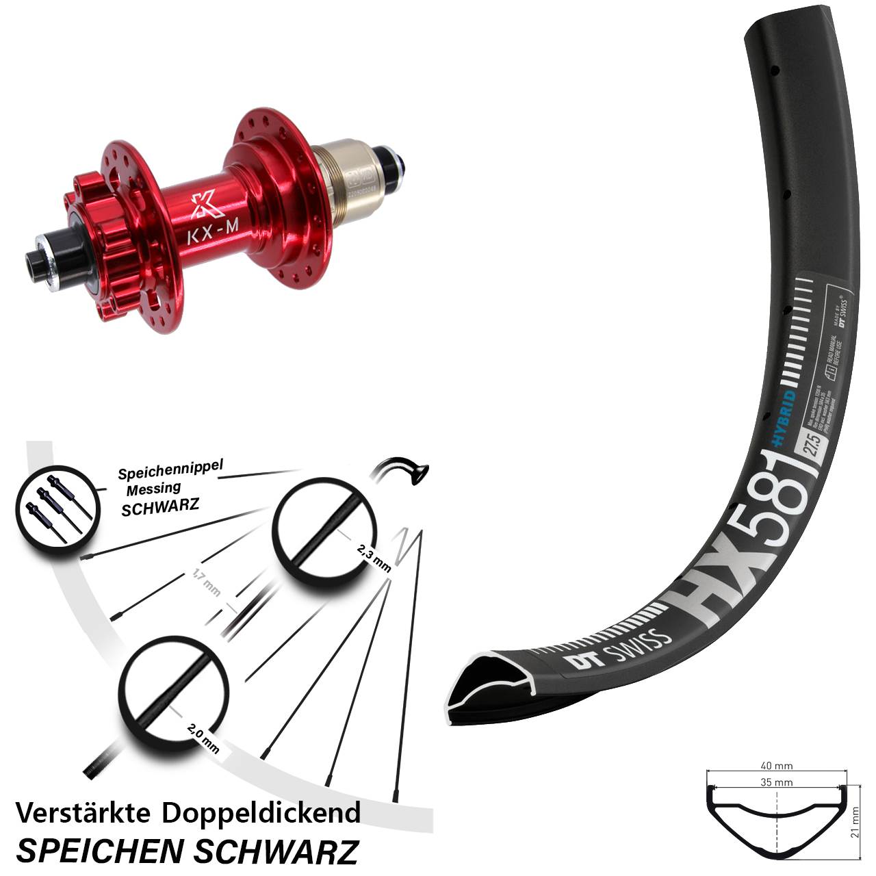 6-Loch Hinterrad 27,5 Zoll DT Swiss HX581 KX-M rot XD 11-12 fach für Schnellspanner