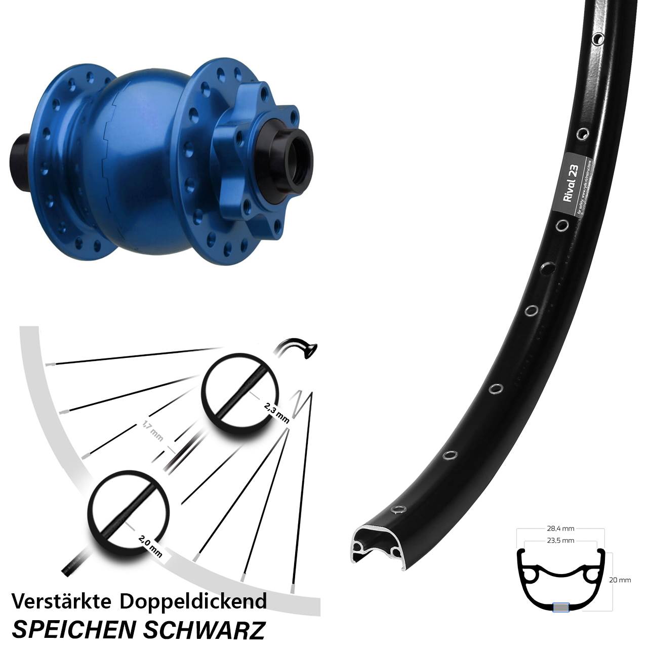 SON 28 blau Ryde Rival 23 27,5 Zoll 6-Loch Nabendynamo-Vorderrad 15x110 Boost