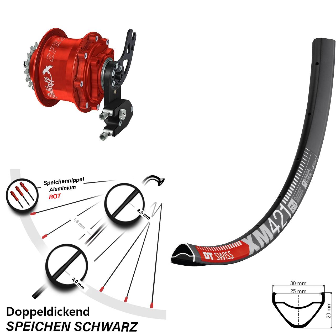 Disc Laufrad 650B DT Swiss XM421 Rohloff Speedhub 500/14 CC DB PM rot