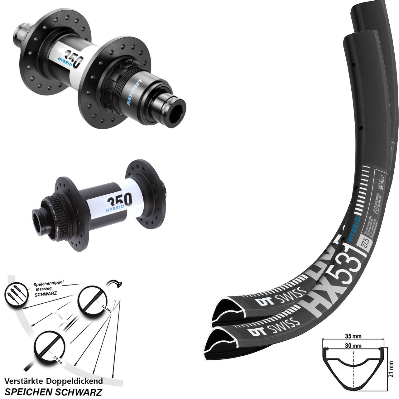 Centerlock Laufradsatz 27,5 Zoll DT Swiss HX531 DT Swiss 350 Hybrid XD 15x110 12x148 Boost