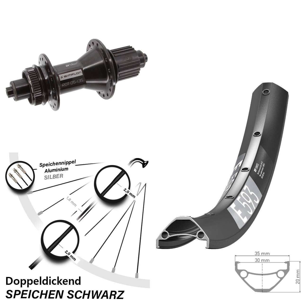 27,5 Zoll DT Swiss E 593-370 Hybrid Disc Laufrad QR Shimano Micro Spline