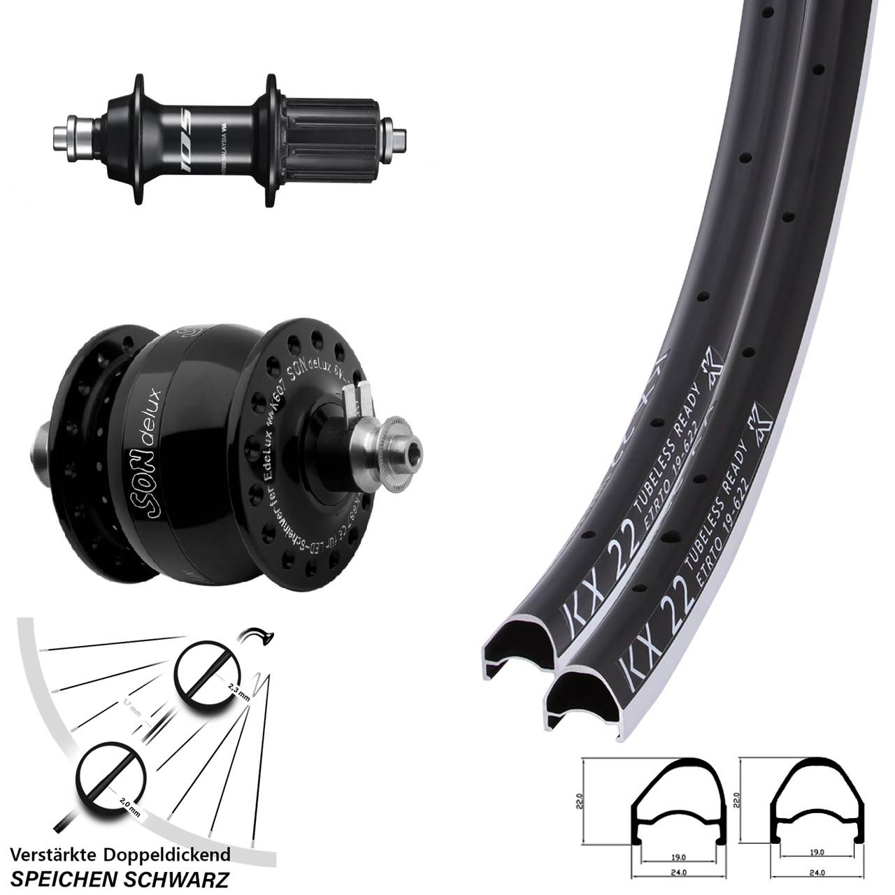 Laufradsatz QR 28 Zoll KX 22 OS Shimano 105 SON delux 8-12 fach HG