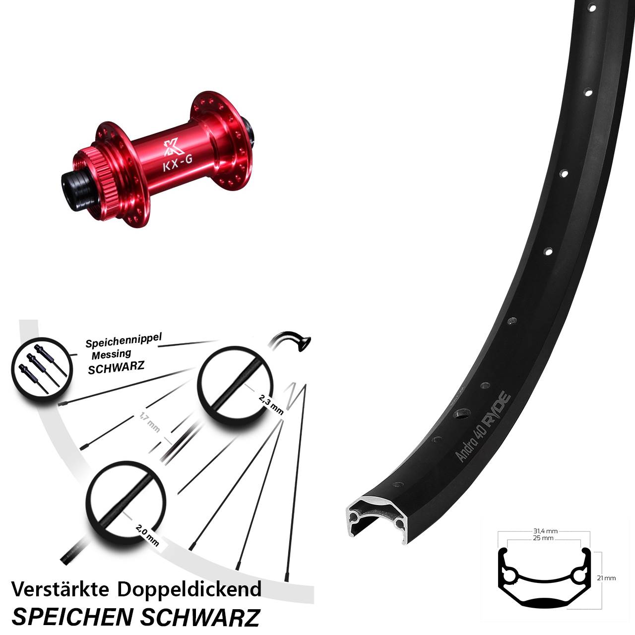 Disc Vorderrad 15x100 650B Ryde Andra 40 KX-G rot