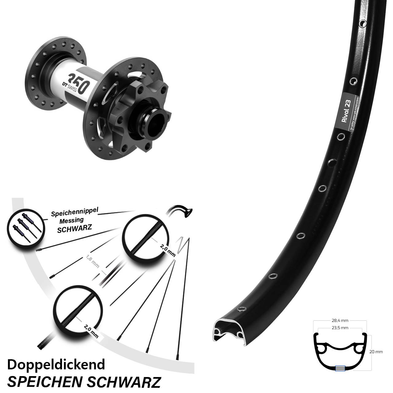 Laufrad 27,5 Zoll Ryde Rival 23 Disc schwarz DT Swiss 350 15x110 6-Loch