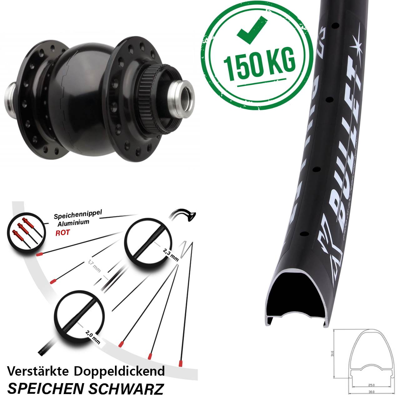 KX Bullet SON 28 Zoll Dynamo-Vorderrad Centerlock 12x110 Boost