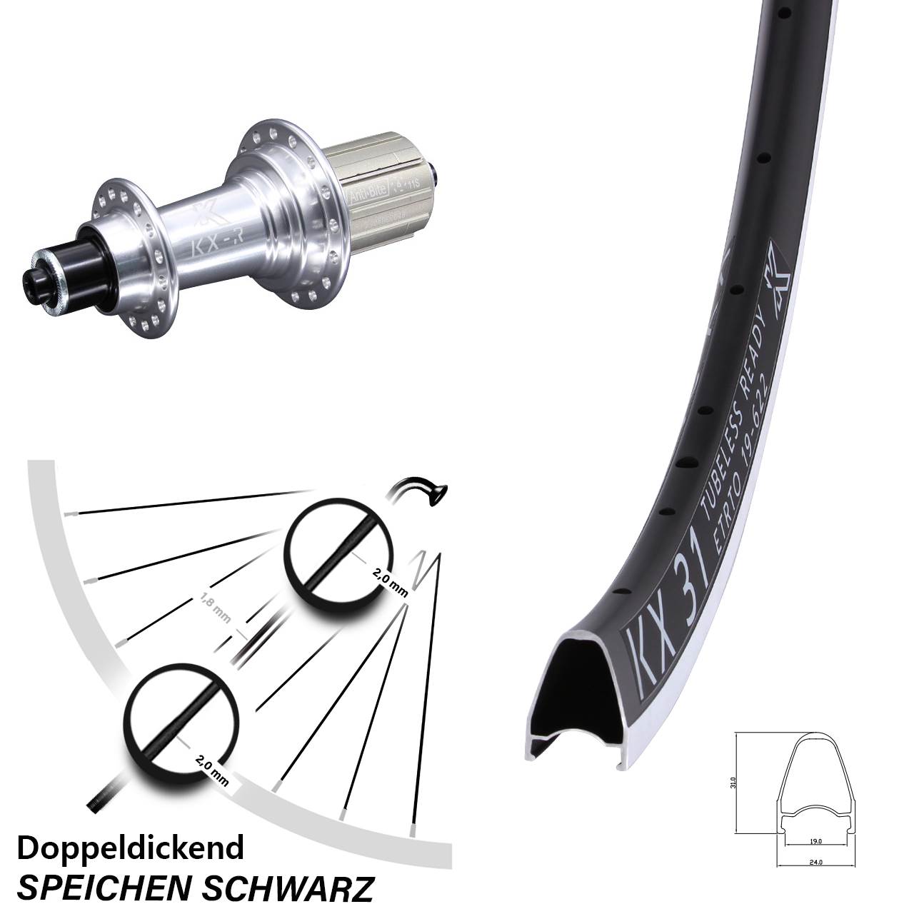28 Zoll KX 31 KX-R Hinterrad für Schnellspanner 8-12 fach