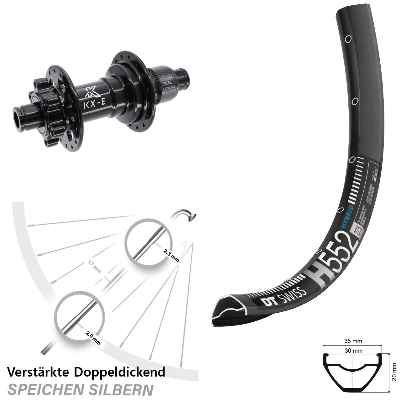 Hinterrad 6-Loch 29 Zoll DT Swiss H552 KX-E Stahl Freilauf XD 11-12 fach 12x148 Boost