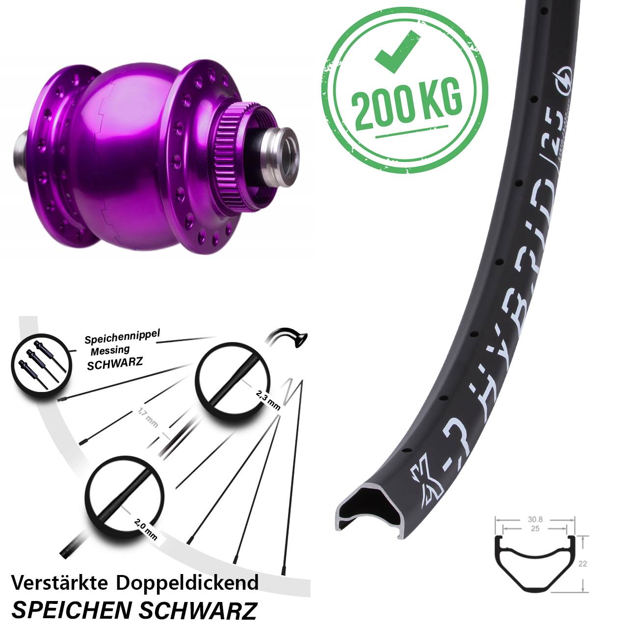 Disc Nabendynamo-Laufrad 26 Zoll KX-R Hybrid 25 SON 28 violett 12x100