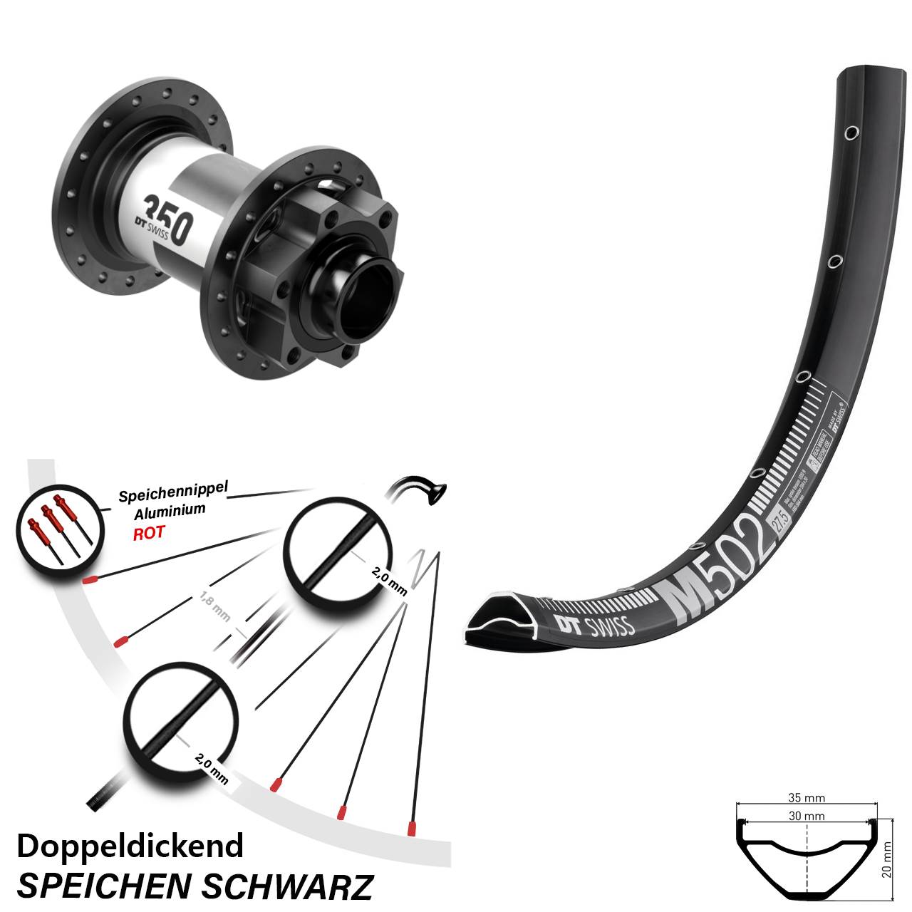 29 Zoll DT Swiss M502 350 Vorderrad 6-Loch 20x110 Boost