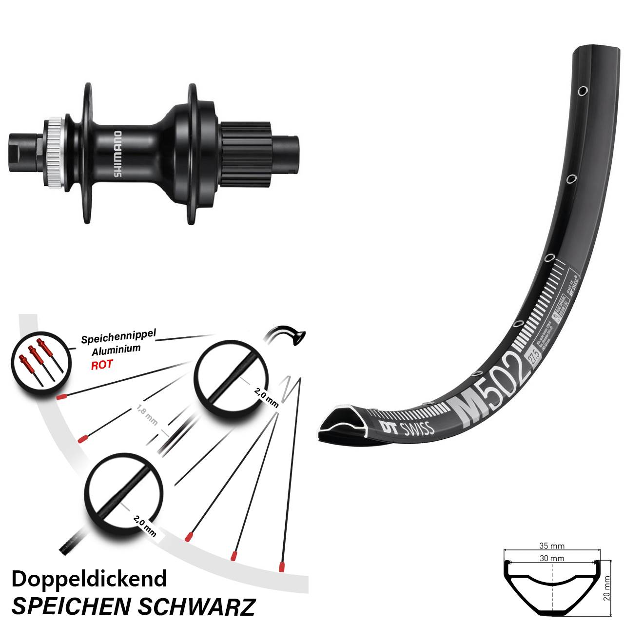 27,5 Zoll DT Swiss M502 Shimano FH-MT510 Centerlock Hinterrad 12x142 Shimano Micro Spline