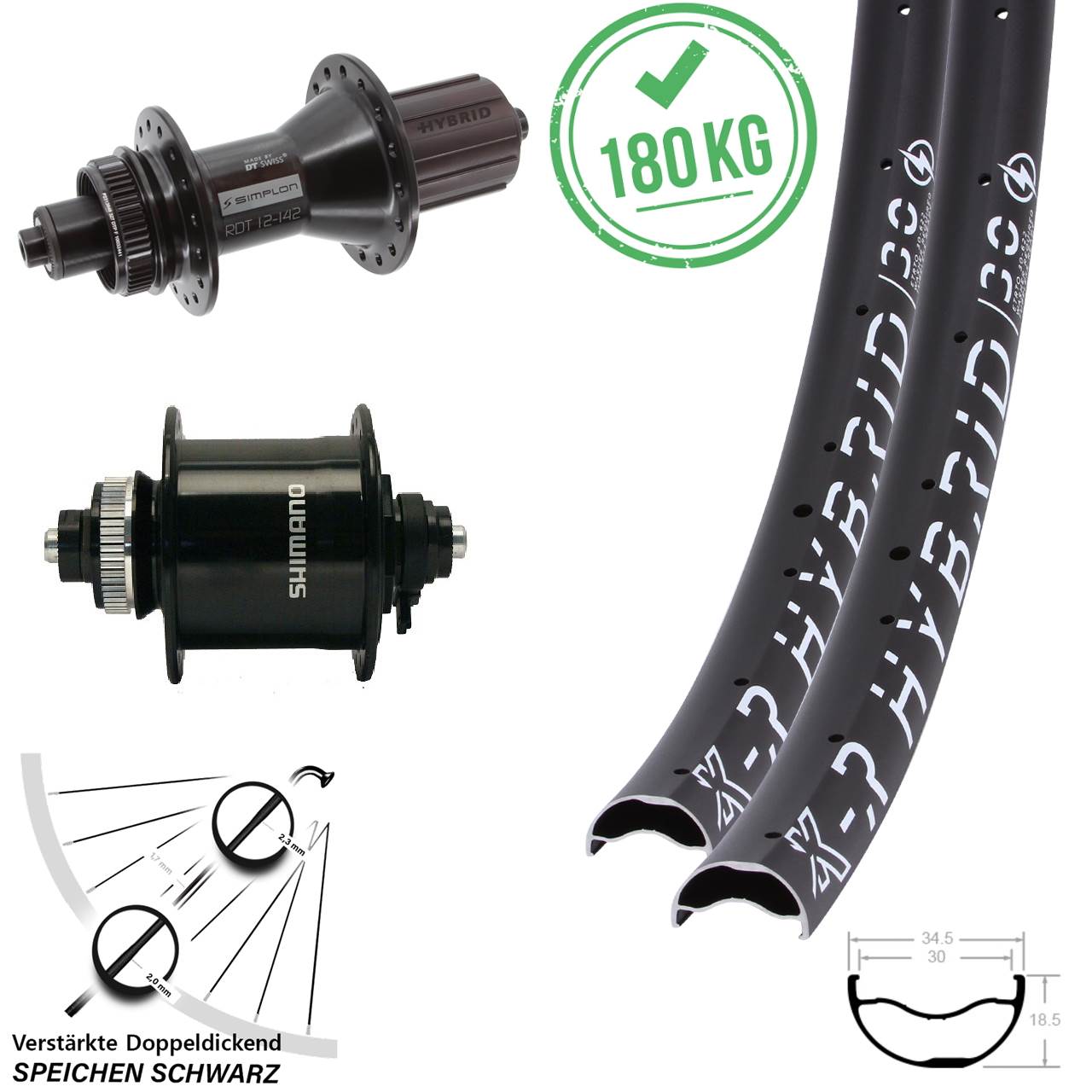 29 Zoll KX-R Hybrid 30 DT Swiss 370 Hybrid Shimano DH-UR700 Disc Laufrad-Satz für Schnellspanner 8-11 fach