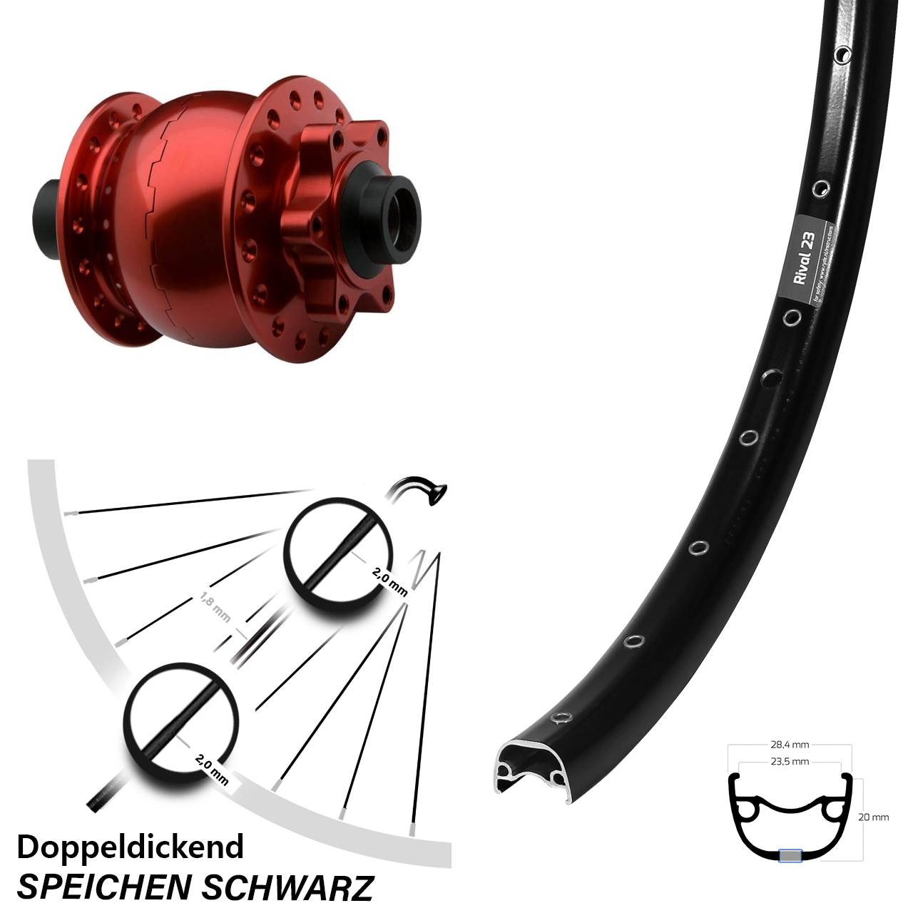 6-Loch Vorderrad mit Nabendynamo 15x100 650B Ryde Rival 23 SON 28 rot