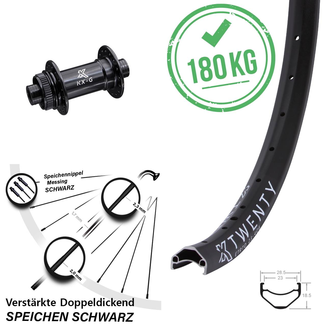 20 Zoll Lastenrad Vorderrad Steckachse 12x100 mm KX-G Twenty Centerlock