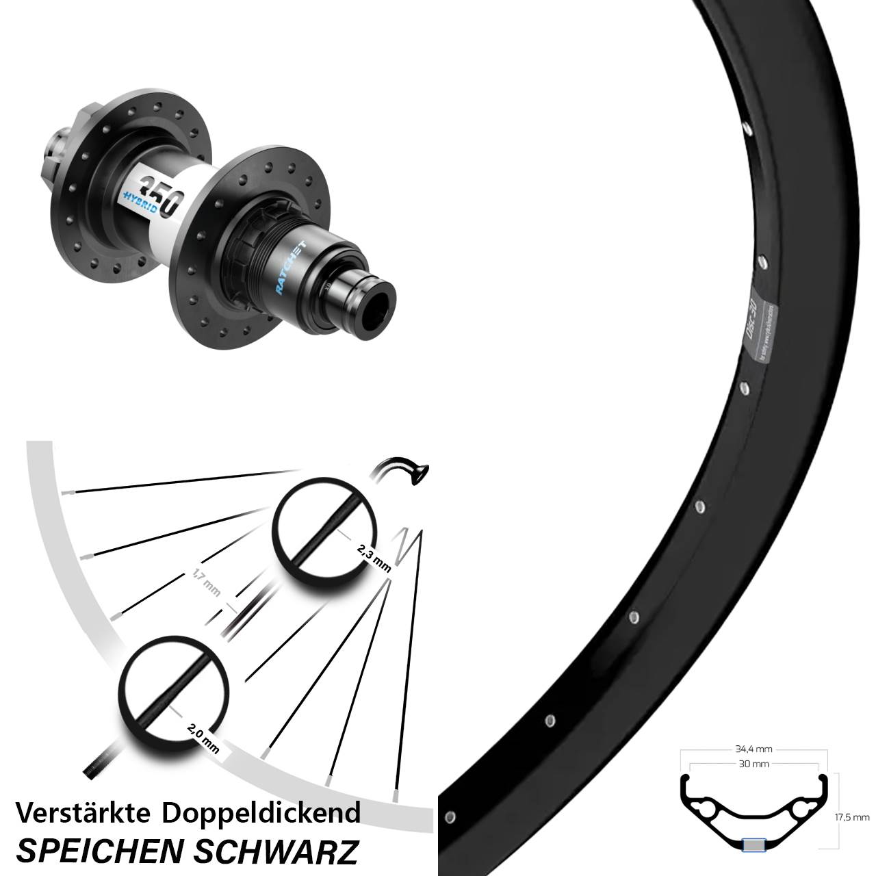 6-Loch Hinterrad 29 Zoll Ryde Disc 30 DT Swiss 350 Hybrid SRAM XD 12x148