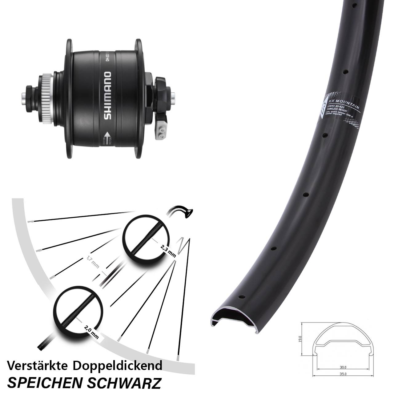 Nabendynamovorderrad Centerlock QR 29 Zoll KX Mountain TR Shimano DH-3D37