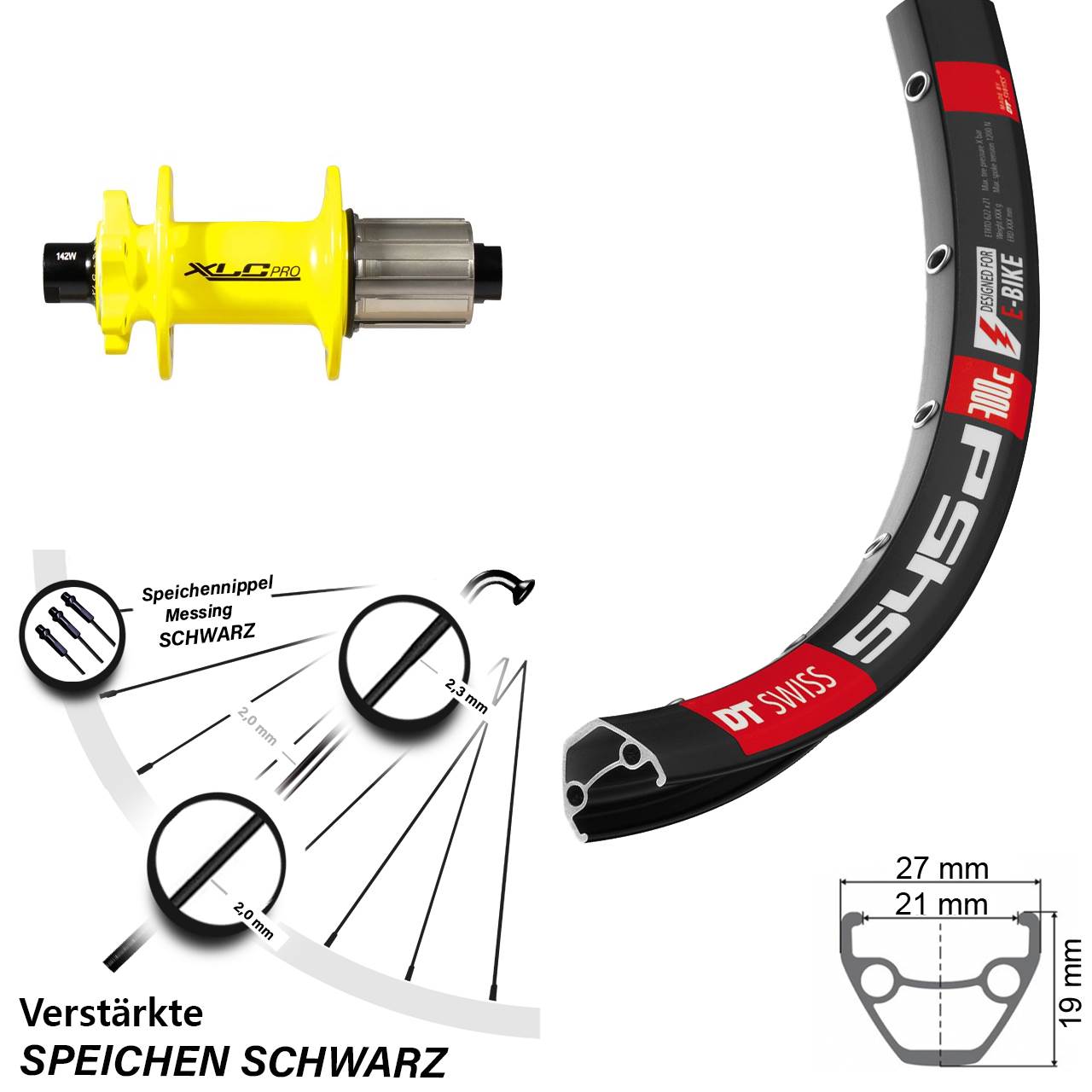 Hinterrad 6-Loch 28 Zoll DT Swiss 545d XLC gelb 8-11 fach HG 12x142
