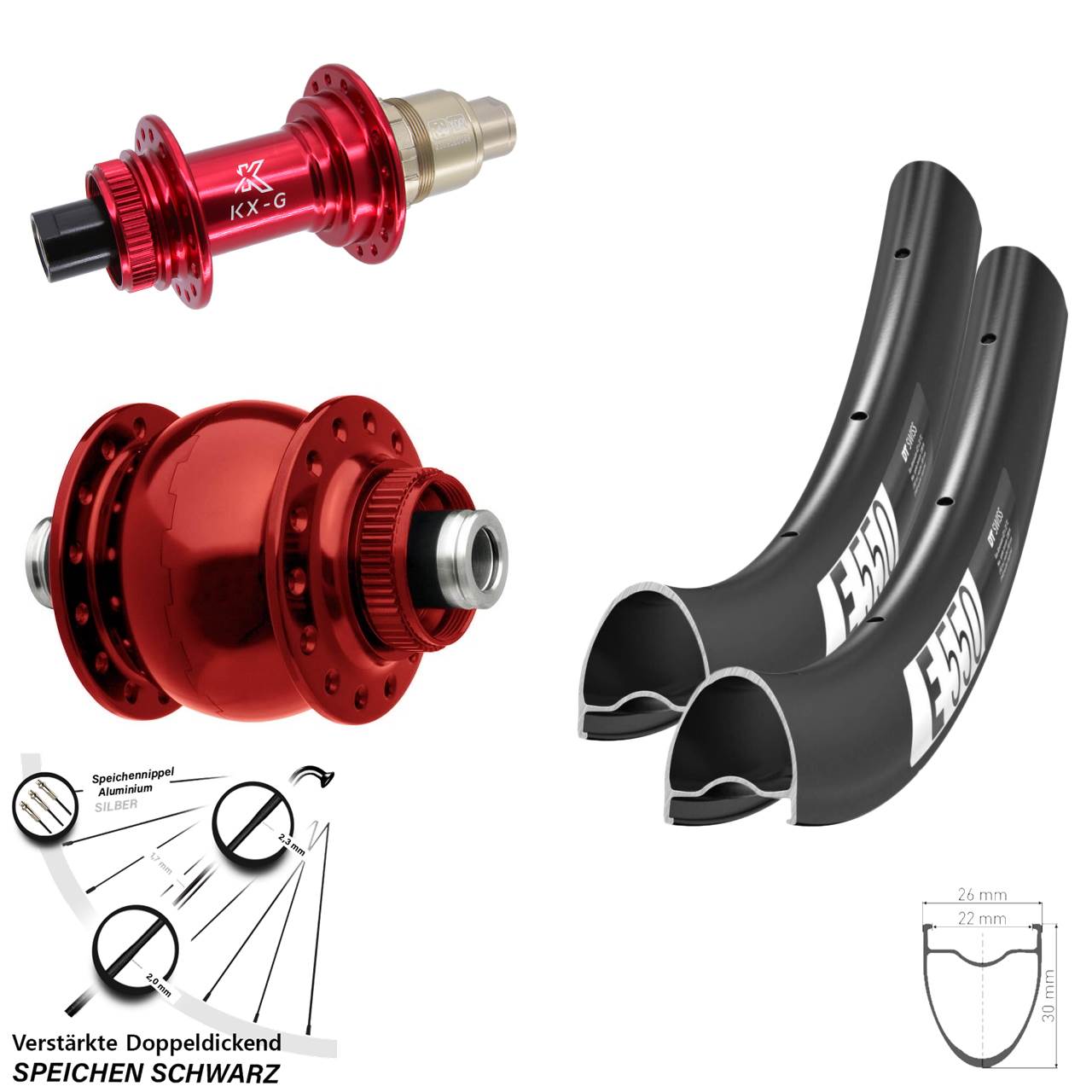 Disc Laufrad-Satz 12x100/142 DT Swiss E550 KX-G rot SON 28 Zoll XDR 11-12 fach