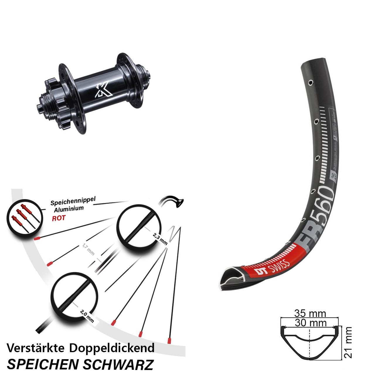 6-Loch Vorderrad für Schnellspanner 26 Zoll DT Swiss FR560 KX-M
