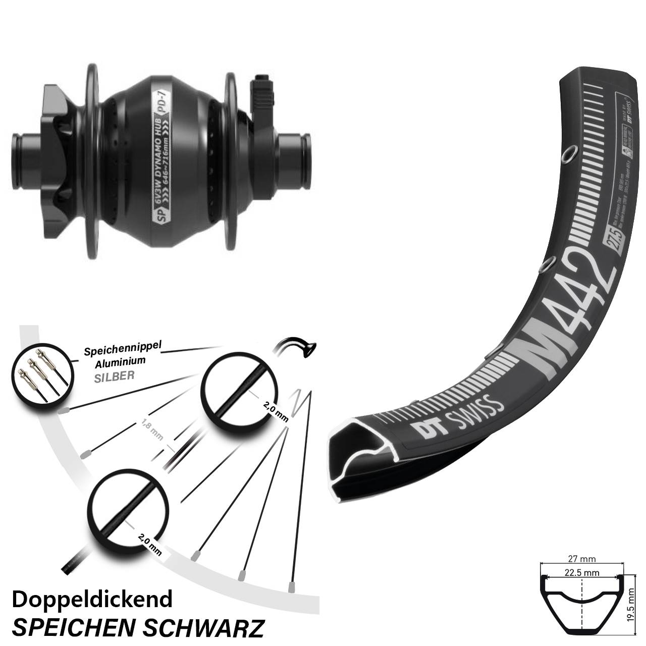 DT Swiss M 442 Shutter PD-7 28-29 Zoll Disc Vorderrad mit Nabendynamo 12x100