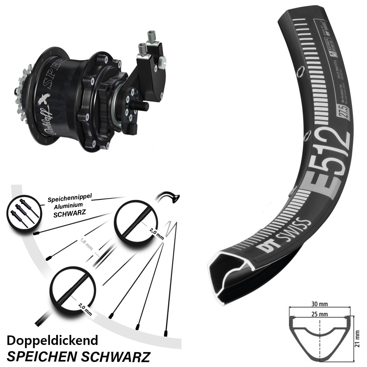 Hinterrad 29 Zoll DT Swiss E 512 Disc Rohloff Speedhub 500/14 TS DB OEM Tandem schwarz