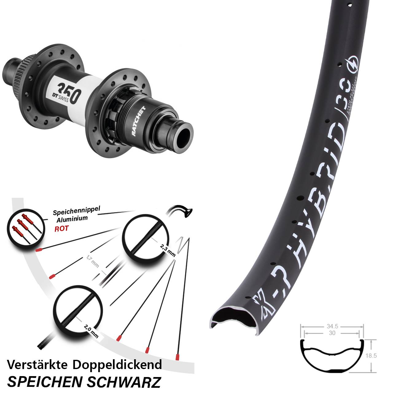 Hinterrad 12x142 29 Zoll KX-R Hybrid 30 DT Swiss 350 SRAM XD Centerlock