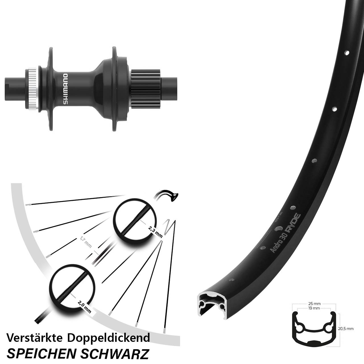 28 Zoll Ryde Andra 30 Shimano FH-MT410 Disc Hinterrad 12x142 Micro Spline