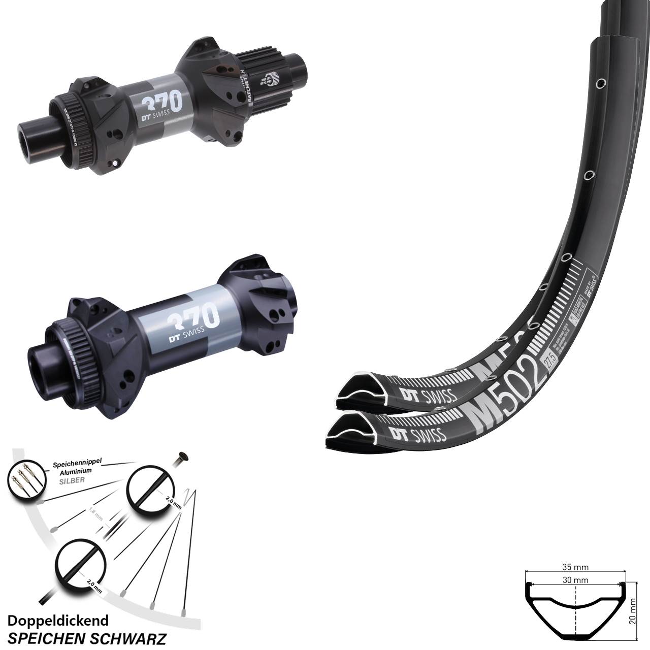 DT Swiss M502 370 Straightpull 29 Zoll Laufradsatz Centerlock 15x110 12x148 Micro Spline