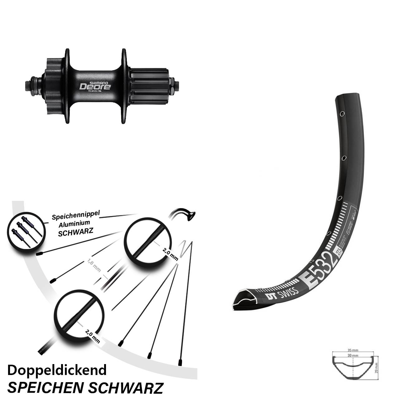 27,5 Zoll DT Swiss E 532 Shimano FH-M525 Hinterrad 6-Loch für Schnellspanner 8-11 fach
