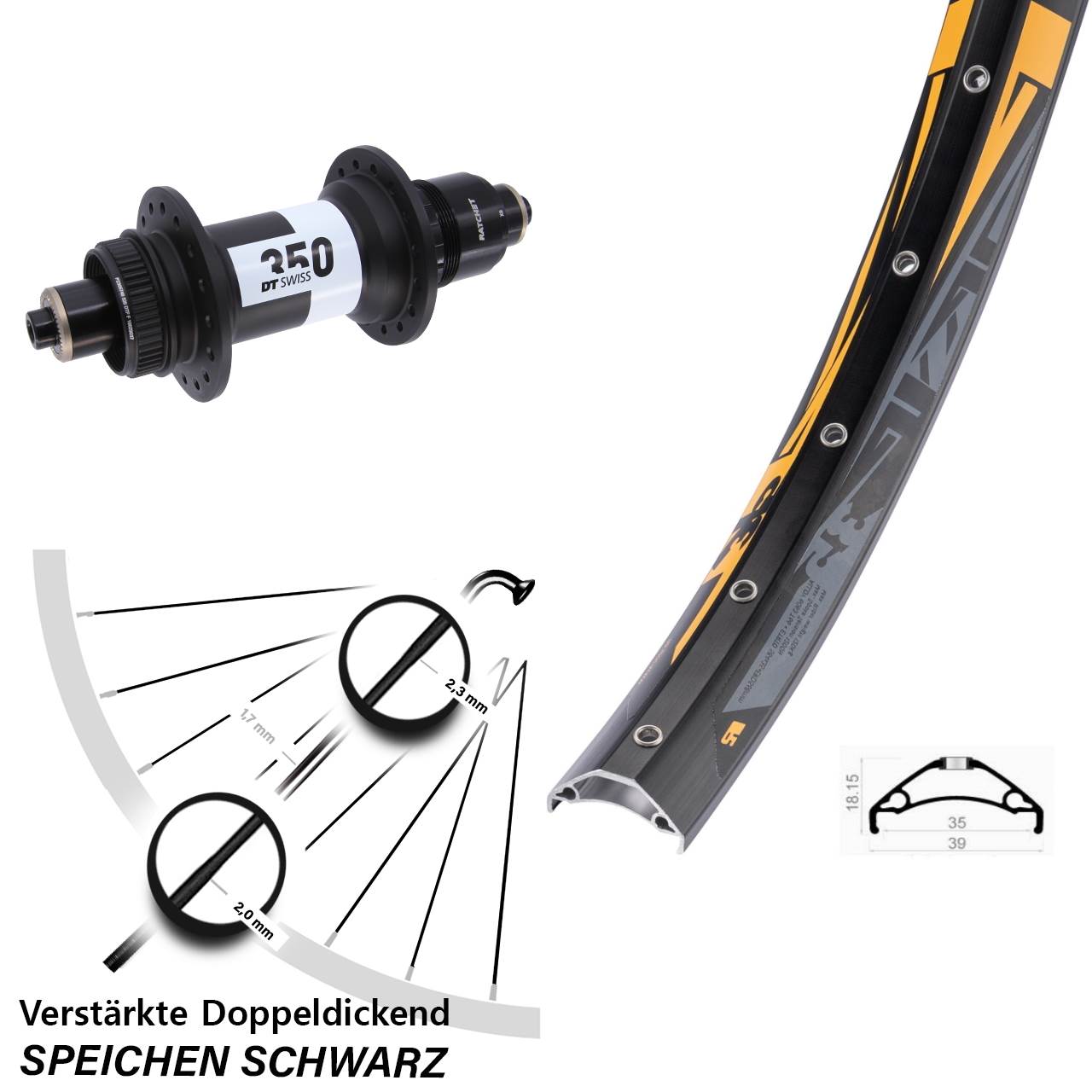 27,5 Zoll Rodi TRYP 35 DT Swiss 350 Hinterrad Centerlock für Schnellspanner XD 11-12 fach