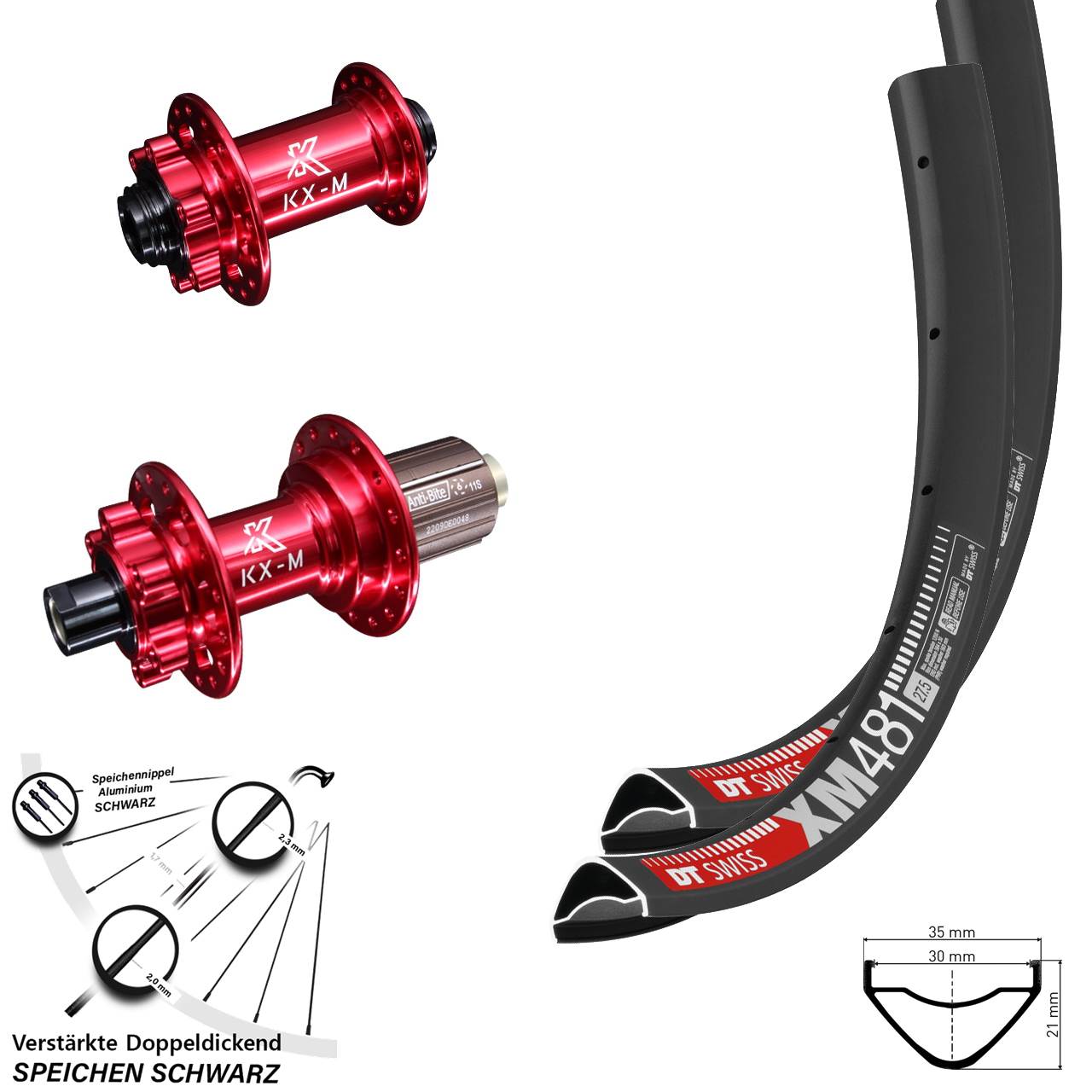 6-Loch Laufradsatz 27,5 Zoll DT Swiss XM481 KX-M rot 8-12 fach HG 12x100/142