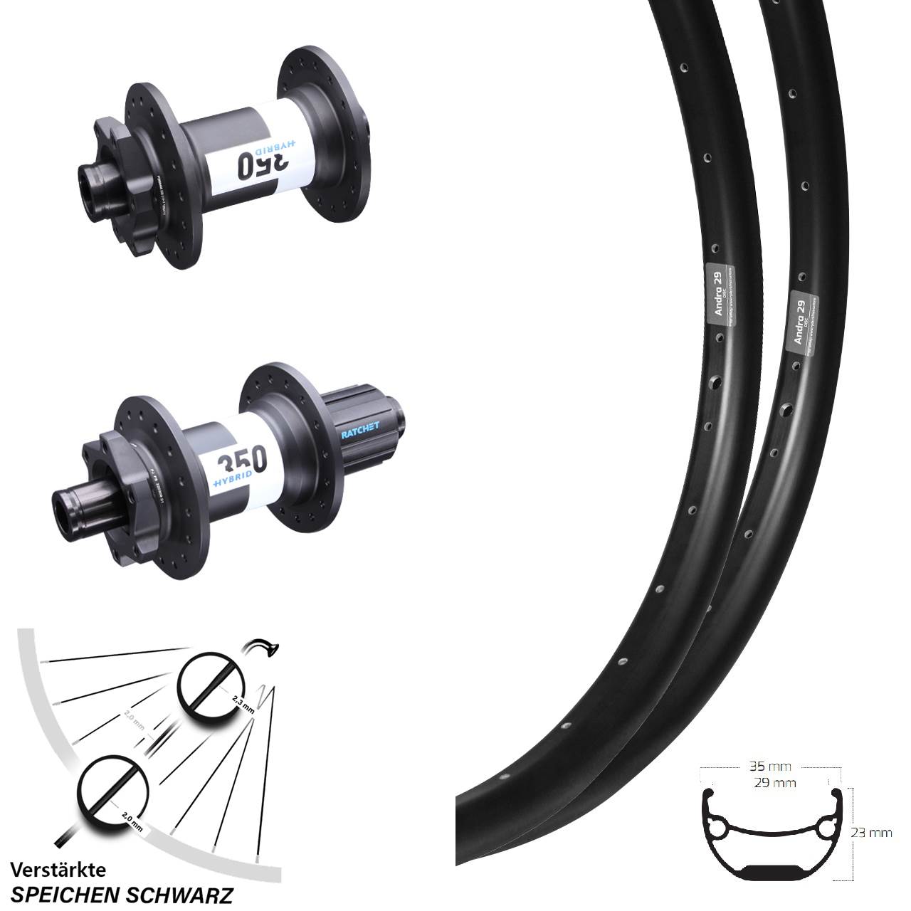 DT Swiss 350 Hybrid Boost Laufradsatz 11-fach Ryde Andra 29 Zoll verstärkt