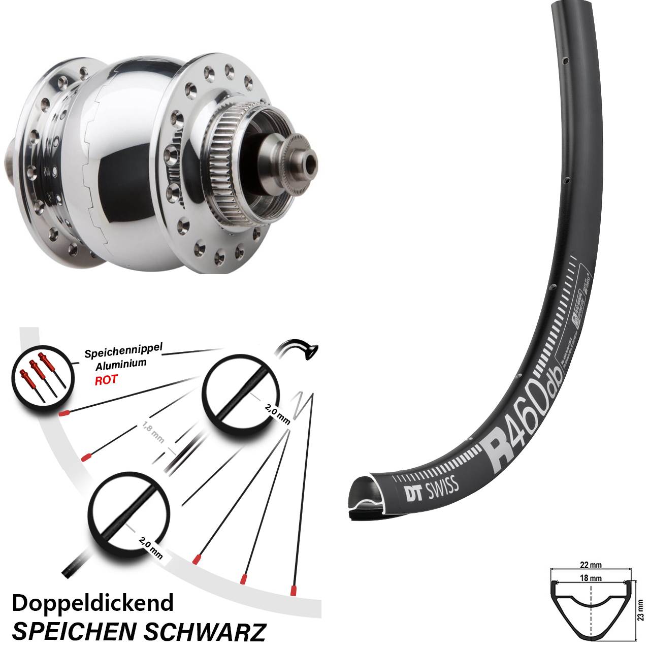 Vorderrad SON 28 Zoll DT Swiss R 460 DB Nabendynamo silber poliert Centerlock