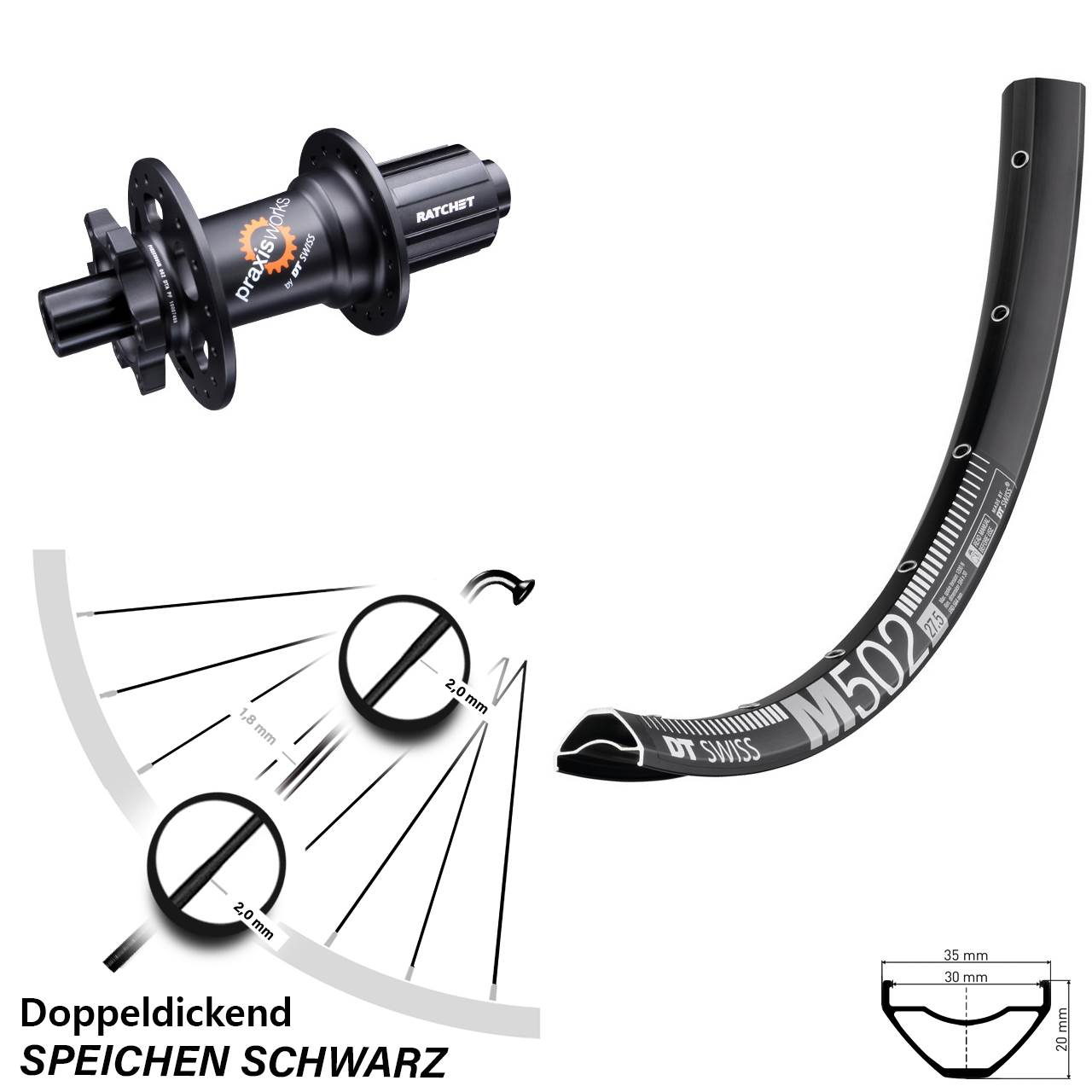 29 Zoll Hinterrad M 502 DT Swiss 350 SL 12x142 mm Steckachse 8-11 fach