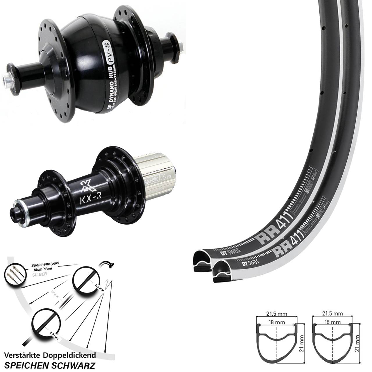 DT Swiss RR411 OS KX-R SP PV-8 28 Zoll Laufradsatz für Schnellspanner 8-12 fach HG