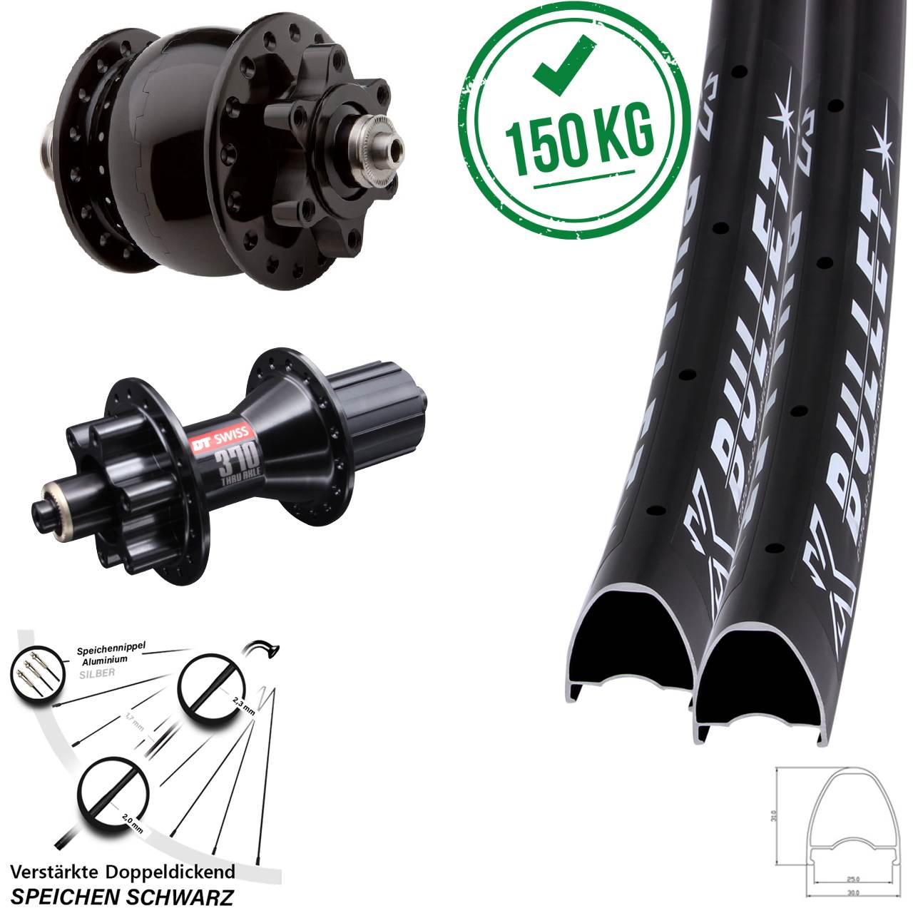 KX Bullet DT Swiss 370 Hybrid SON 28 Zoll Disc Laufradsatz für Schnellspanner 8-11 fach HG