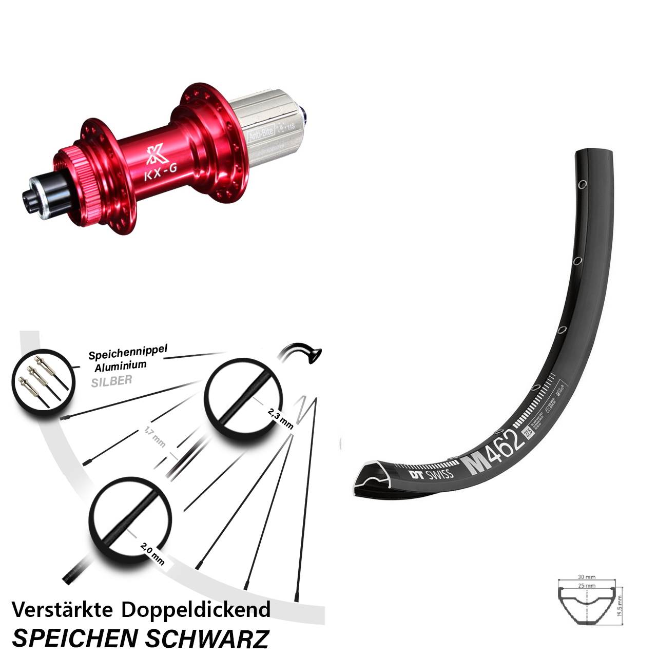 DT Swiss M 462 KX-G rot 27,5 Zoll Centerlock Hinterrad für Schnellspanner 8-12 fach HG
