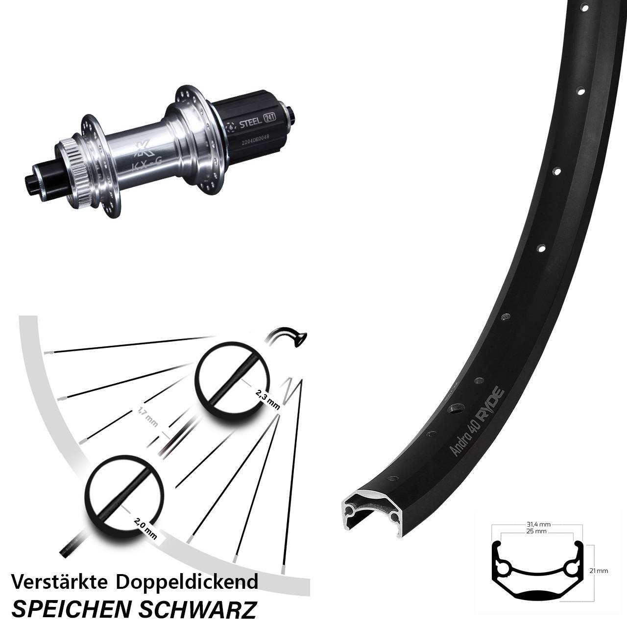 Centerlock Hinterrad QR 28-29 Zoll Ryde Andra 40 Disc KX-GS verstärkt 8-12 fach