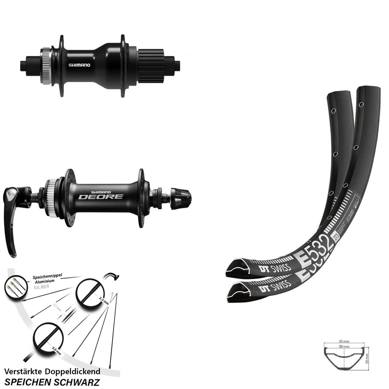 DT Swiss E 532 Shimano FH-QC500 HB-M6000 29 Zoll Disc Laufradsatz QR Micro Spline