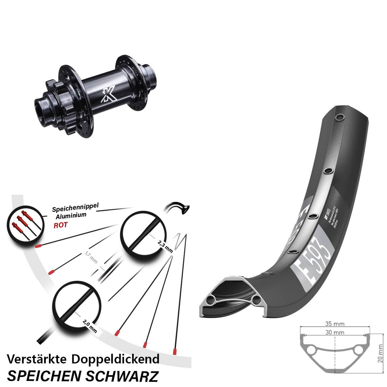 6-Loch Vorderrad 27,5 Zoll DT Swiss E593 KX-M Steckachse 20x110 non Boost