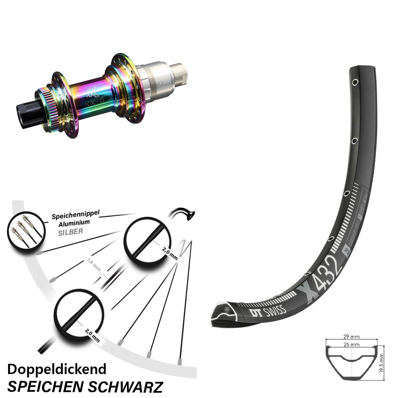 29 Zoll DT Swiss X432 KX-G Oilslick Disc Hinterrad 12x142