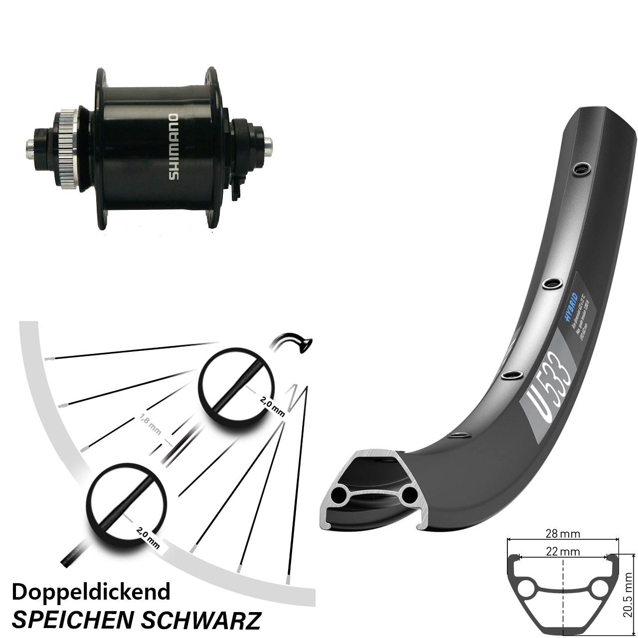 Centerlock Dynamo-Vorderrad QR 27,5 Zoll DT Swiss U 533 Shimano DH-UR700