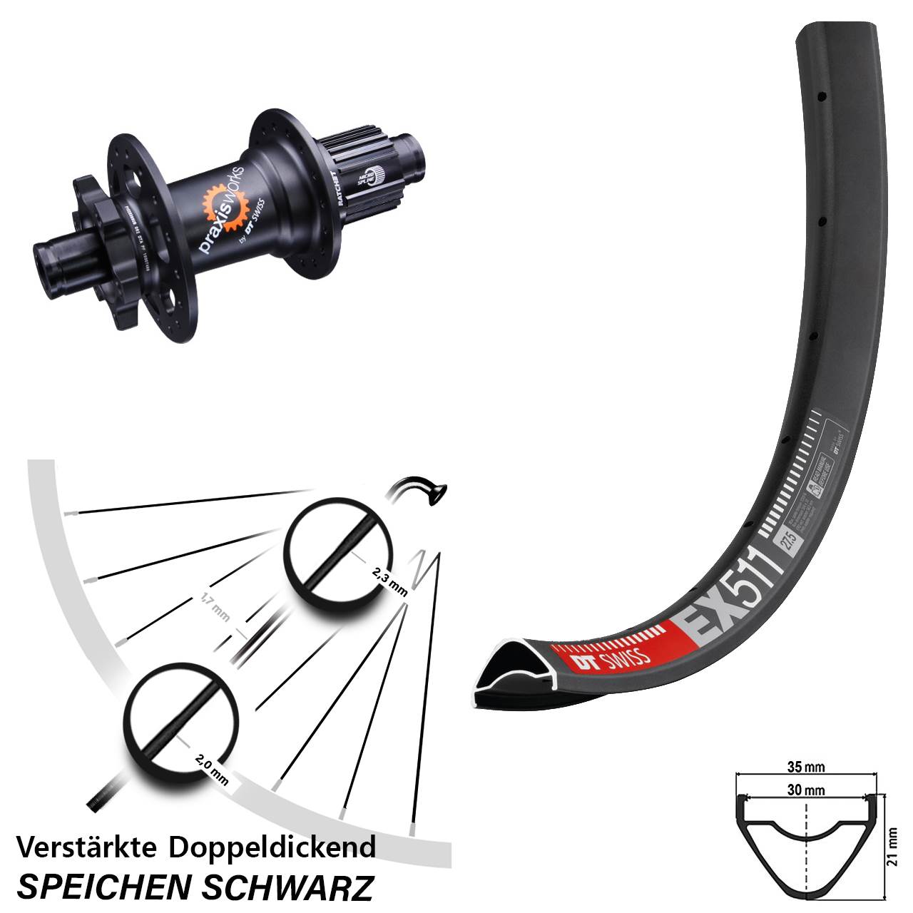 27,5 Zoll DT Swiss EX511 350 6-Loch Hinterrad 12x142 Shimano Micro Spline