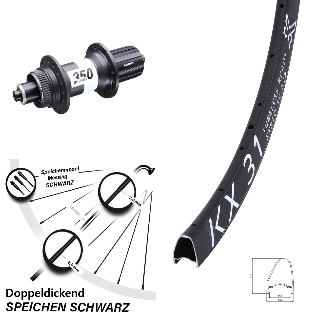 KX31 OS DT Swiss 350 28 Zoll Centerlock Hinterrad QR 11-12 fach