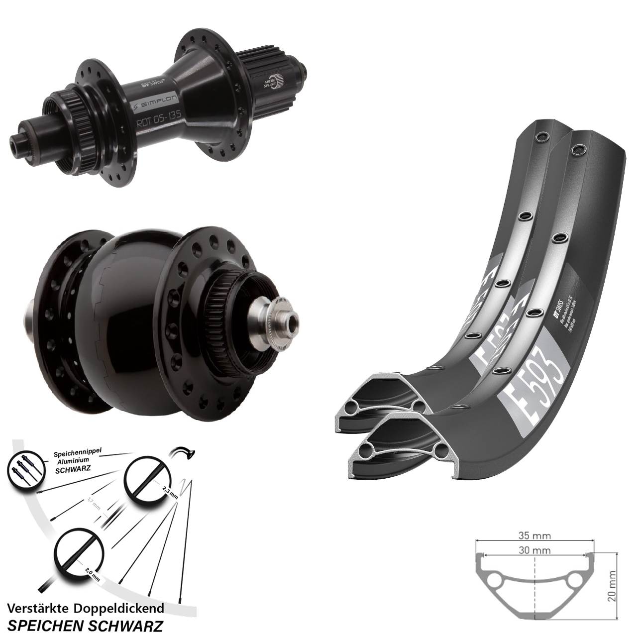 DT Swiss E 593 370 Hybrid SONdelux 650B Disc Laufrad-Satz QR Micro Spline