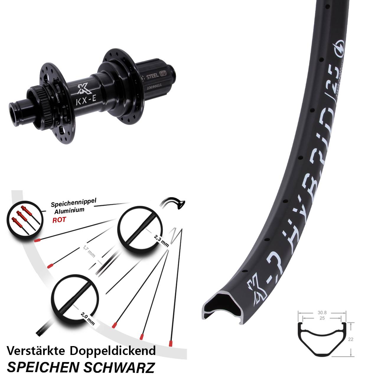 Boost Hinterrad Centerlock 12x148 26 Zoll KX-R Hybrid 25 Stahl Freilauf 8-12 fach