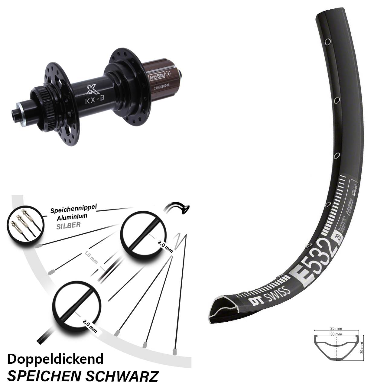 27,5 Zoll DT Swiss E532 KX-B Boost Hinterrad Centerlock QR Boost 8-12 fach