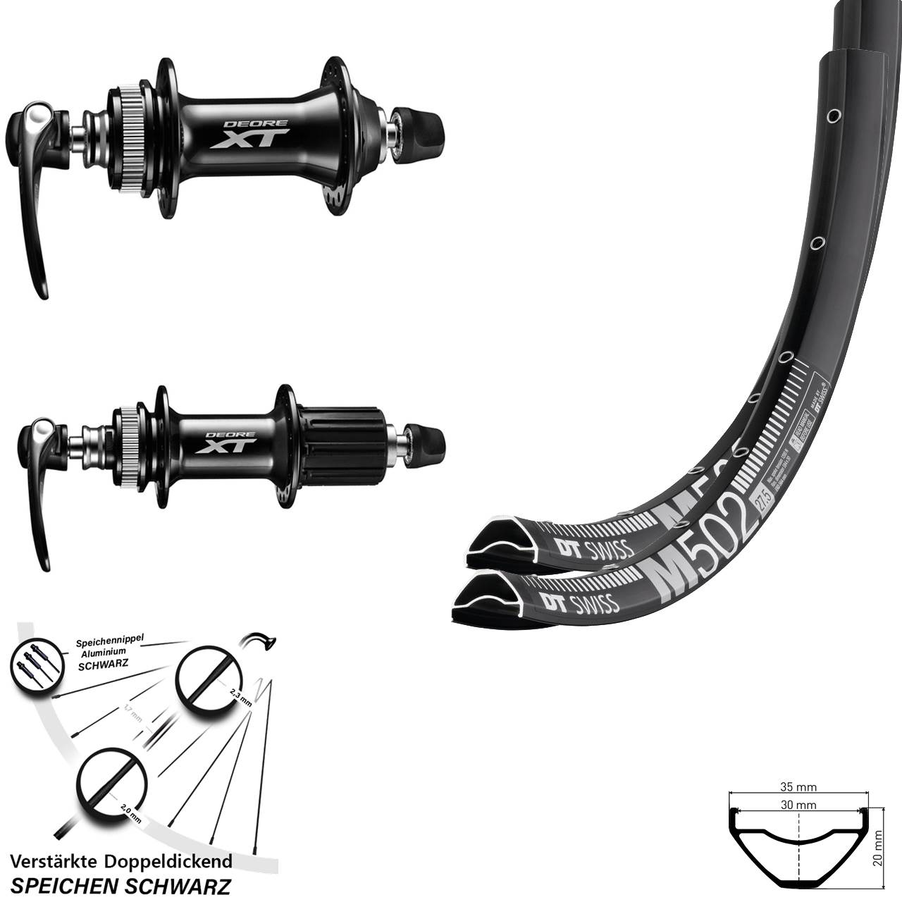 29 Zoll DT Swiss M 502 Shimano XT Disc Laufradsatz für Schnellspanner 8-11 fach