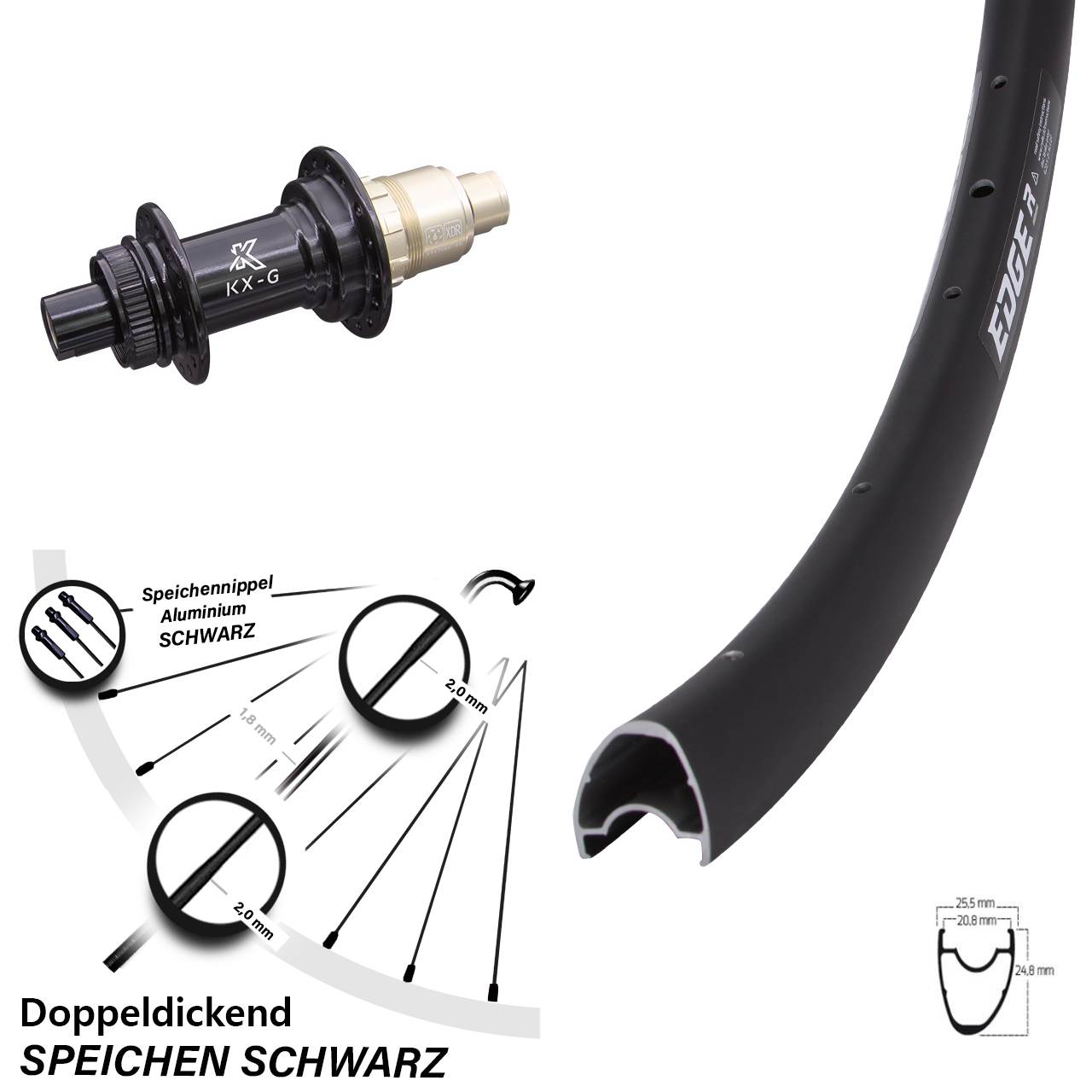 28 Zoll Hinterrad KX-G Steckachse 12x142 mm Sram XDR Ryde Edge R25 OS 24 Speichen
